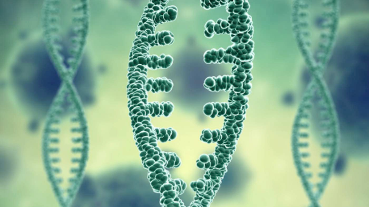 Close-up illustration of an RNA strand in a biomedical research concept.
