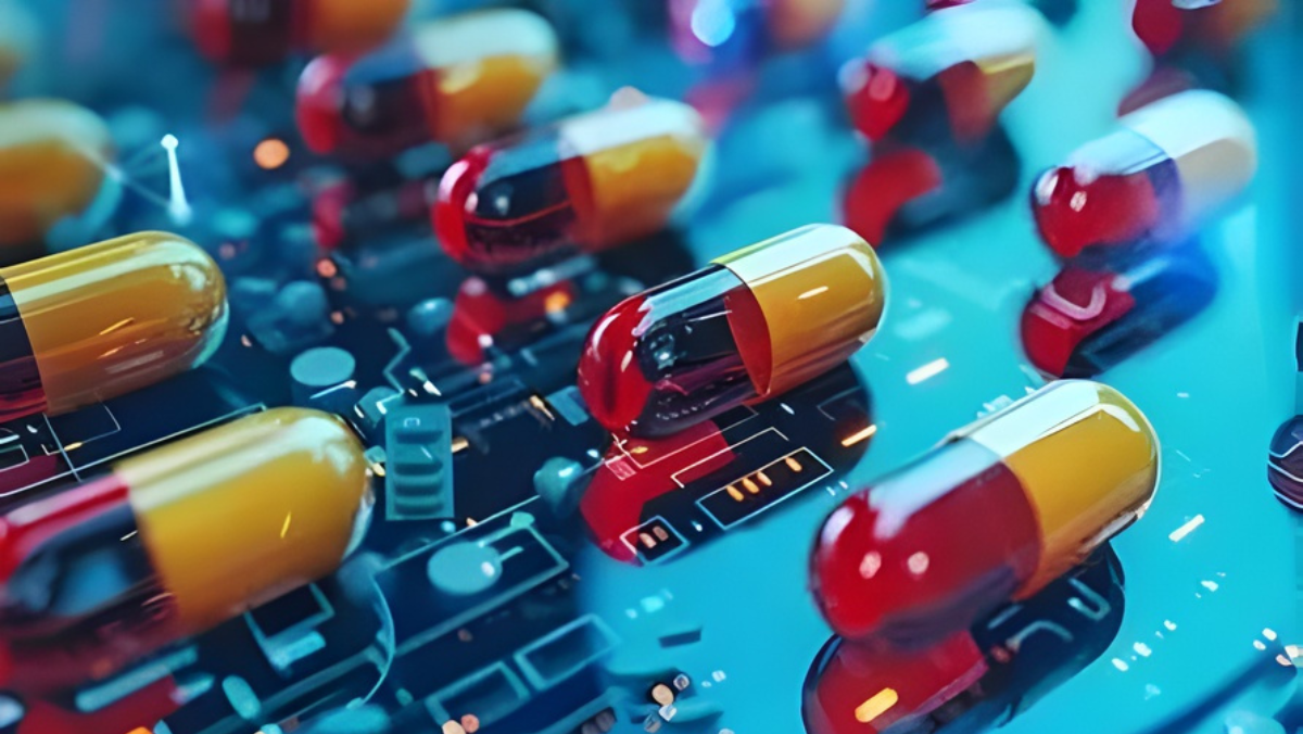 Red-yellow capsules on a high-tech circuit board symbolizing oral metabolic drug innovation.