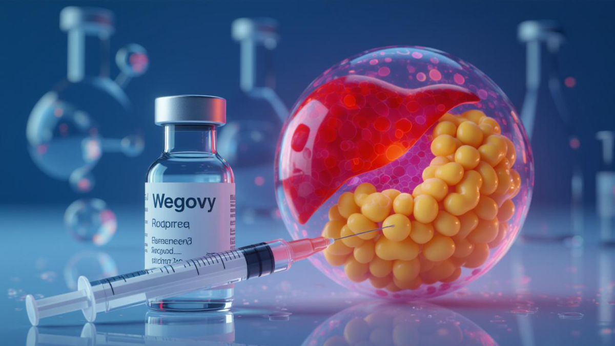 Wegovy vial and syringe beside a stylized model of metabolic liver and fat cells.