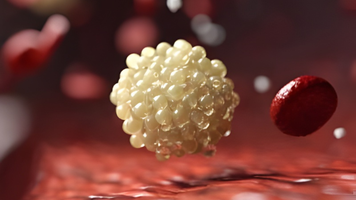 3D rendering of a metabolic cell structure surrounded by blood components.