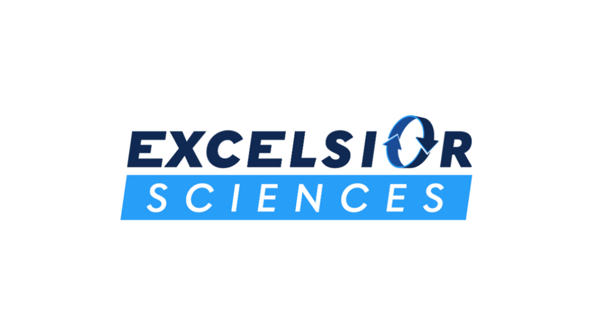 Blue Excelsior Sciences logo featuring arrow loop icon on a white background.
