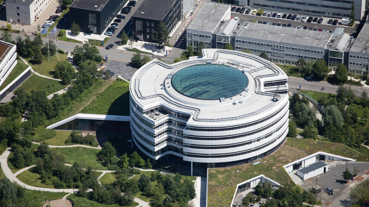 Aerial view of Novo Nordisk headquarters with circular glass roof