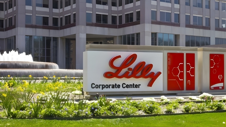 Eli Lilly corporate headquarters sign outside company office building