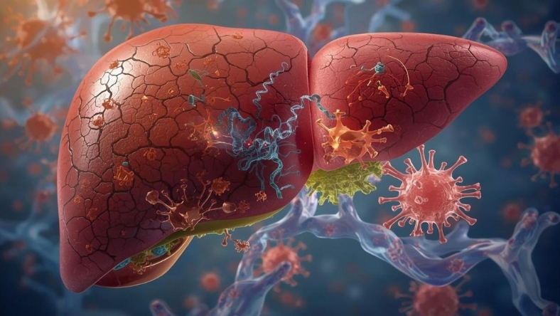 Illustration of a human liver showing cellular damage linked to metabolic disease