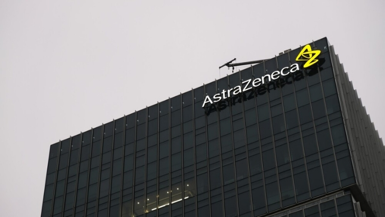 AstraZeneca logo displayed on glass office building facade