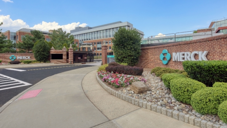 Merck corporate campus entrance with logo signage and office buildings